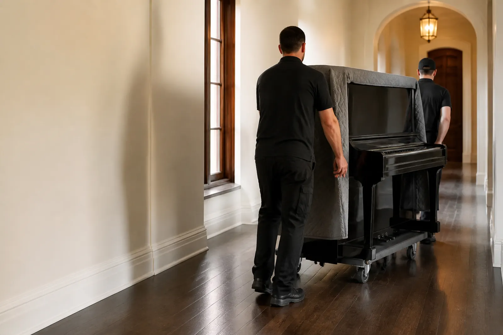 Two movers wheeling a blanket-wrapped upright piano down a hallway on a dolly