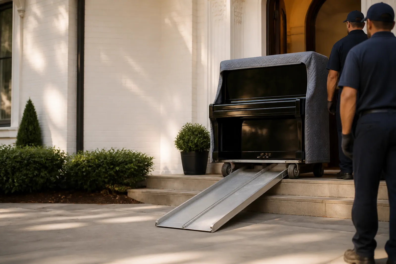 A blanket-wrapped upright piano on a dolly at the top of a ramp over porch steps