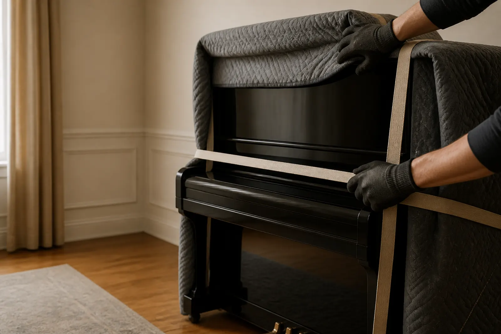 Gloved hands wrapping an upright piano in quilted moving blankets