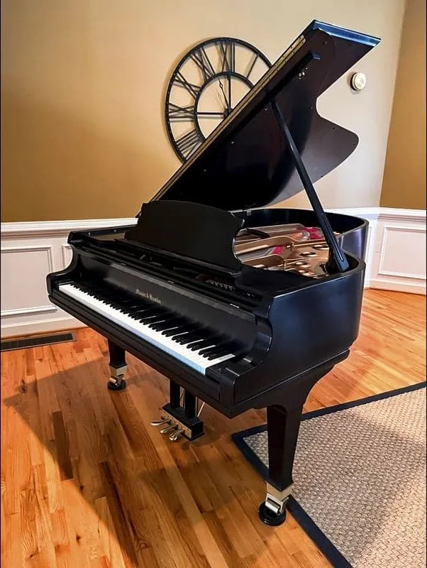 Black grand piano in a room with a wood floor
