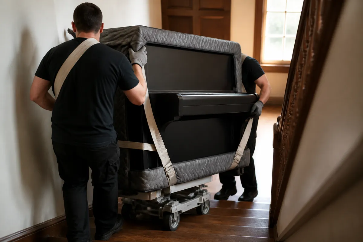 An upright piano wrapped in a quilted blanket and strapped to a dolly, guided down a flight of stairs
